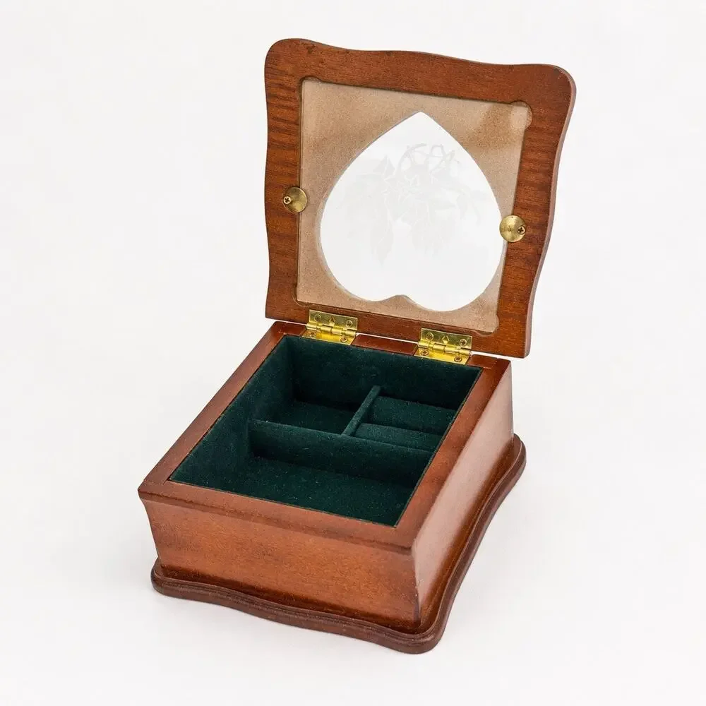 Vintage Dark Wood Jewelry Box with heart shaped glass panel